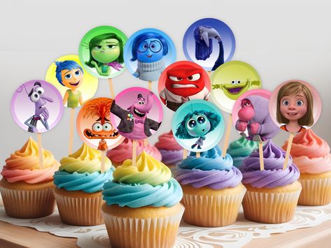 Inside Out cupcake topper, Inside Out cupcake, INSTANT DOWNLOAD 0045 Inside Out 2 Cupcakes, Inside Out 2 Party Decorations, Inside Out Cupcakes, Inside Out 2 Birthday Party, Inside Out Party, Inside Out Party Ideas, Princess Centerpieces, Birthday Illustration, Candyland Birthday