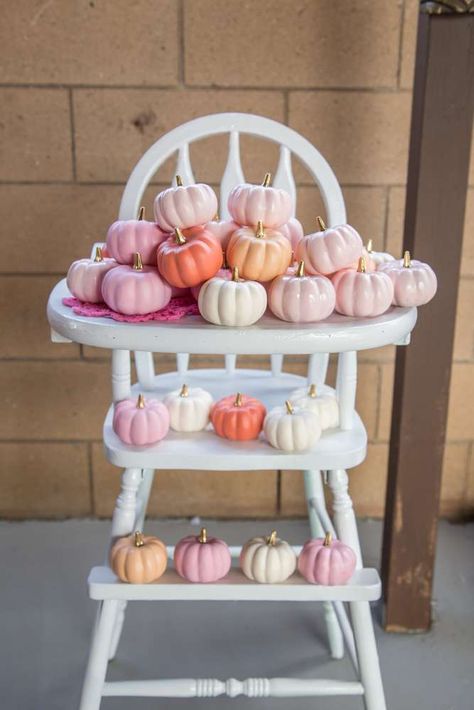 Charlie's Little Pumpkin 1st Birthday Party | CatchMyParty.com 1st Birthday Party October, Pastel Pumpkin Party, Lil Pumpkin Birthday Party, Pink Pumpkin First Birthday Girl, Pink Fall Birthday Party, Fall Birthday Balloon Garland, Pink Pumpkin Party 1st Birthdays, Boho Pumpkin First Birthday, Pink Pumpkin 1st Birthday