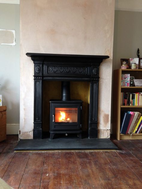 Victorian Wood Burning Stove, Wood Burner In Victorian Fireplace, Wood Burning Stove Victorian Fireplace, Victorian Wood Burner, Cast Iron Fireplace With Log Burner, Victorian Fire Surround, Mantle Behind Wood Burning Stove, Wood Burning Stove Fireplace Surround, Wood Burner Surround Ideas