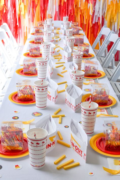 Kara's Party Ideas 'In N Out' Fries for the Guys Birthday Party | Kara's Party Ideas In N Out Burger Birthday Party Theme, In And Out Burger Birthday Party, In N Out First Birthday, In N Out Party Ideas, Mcdonalds Birthday Party Decoration, In And Out Party, 5 Guys Birthday Party, Fast Food Birthday Party, Hamburger Birthday Party Ideas