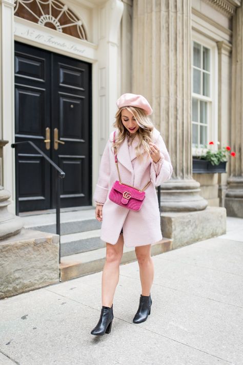 Hot Pink Purse Outfit, Gucci Marmont Outfit, Outfit With Pink Bag, Pink Purse Outfit, Pink Bag Outfit, Pink Bags Outfit, Pink Winter Outfit, Friday Thoughts, Velvet Gucci