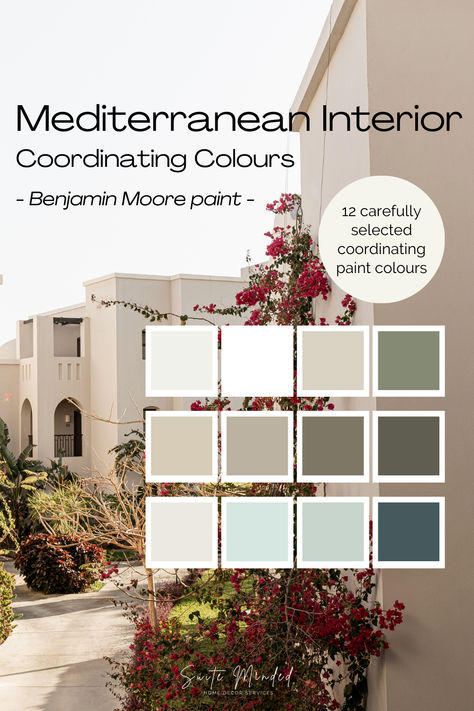 A Mediterranean interior exudes calm and serenity. It uses organic materials and textures and natural hues to create an atmosphere prone to relaxation, with subtle touches of brighter colours. Are you considering transforming your home into a Mediterranean haven but not sure what colours to consider? Discover 12 colours that work beautifully to create your dream home. Modern Mediterranean Paint Colors, Mediterranean Home Color Palette, Colorful Mediterranean Interior, Mediterranean Paint Colors Interior, Mediterranean Colour Palette, Mediterranean Paint Colors, Benjamin Moore Neutral Paint Colors, House Colour Palette, Mediterranean Color Scheme