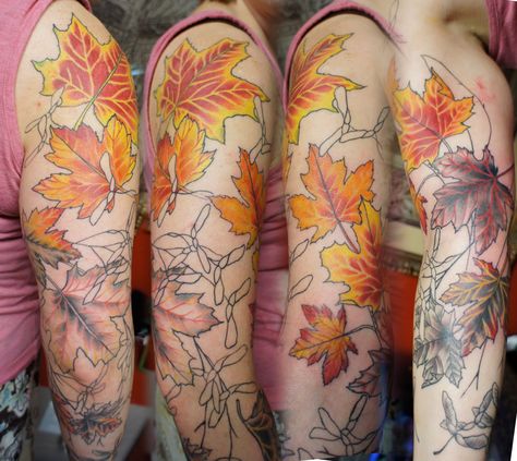 Leaf Tattoo Sleeve, Traditional Tattoo Leaves, Tattoos Leaves, Tattoo Leaf, Fall Leaves Tattoo, Fall Tattoo, Tattoo Sleeve Filler, Christian Sleeve Tattoo, Colorful Tattoos