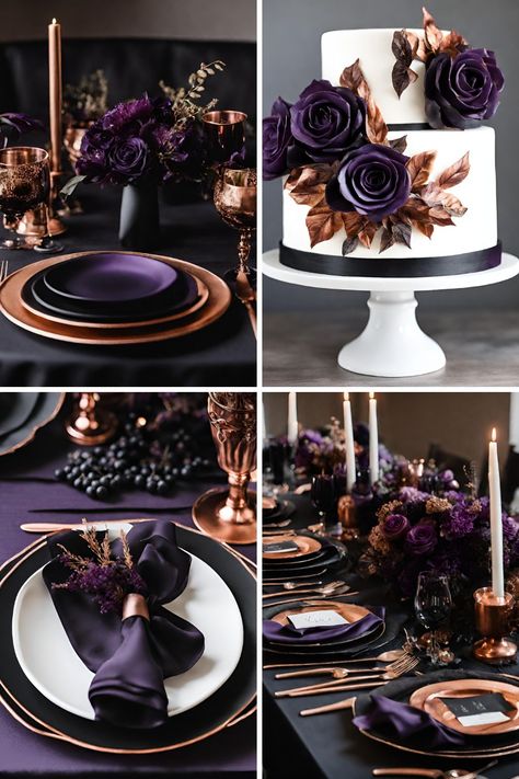 Black and Purple Wedding Color Ideas: Beautiful Black, Purple, and Copper Wedding Ideas - Francisca's Bridal Black And Plum Wedding, Purple Wedding Color Schemes, Black And Purple Wedding Theme, Dark Purple Wedding Theme, Black And Purple Wedding, Purple Black Wedding, Royal Purple Wedding, Celestial Birthday, Deep Purple Wedding