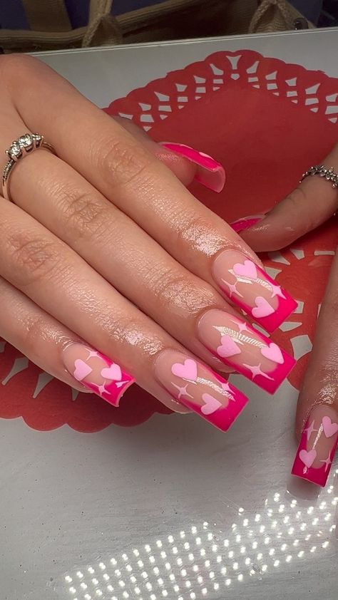 Valentines Nail Ideas Pink, Pink Nail Designs 2024, Simple Valentines Nails Square, Medium Square Valentines Nails, Back2school Nails, Pink Heart Nails Acrylic, Nails With Hearts Design, Square Nail Designs Short, I Heart Me Nails