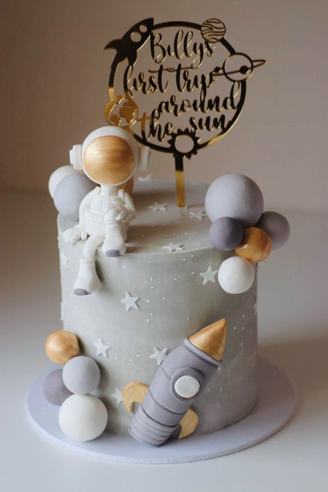 First Birthday Cake Space, Space Cake First Birthday, Around The Sun First Birthday Cake, First Birthday Boy Astronaut, Simple Space Theme Cake, 1st Trip Around The Sun Cake, Space 1st Birthday Cake, Astronaut Cake Birthday, First Trip Around The Sun Birthday Party Cake