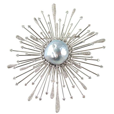 1stdibs | Beautiful Star Burst Baroque Pearl Diamond Gold Pin Brooch Baroque Pearls Jewelry, Silver Brooch Pin, Bijoux Fil Aluminium, Star Burst, Gold Pin, Baroque Pearl Necklace, Sterling Silver Brooch, Diamond Brooch, Gold Brooches