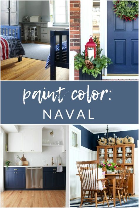 Naval Sherwin Williams Front Door, Sw Naval Paint Color Palettes, Sherwin Williams Naval Color Palette, Sherwin Williams Naval, Indigo Interior, 1910 House, Navy Paint Colors, Moody Rooms, Perfect Grey Paint