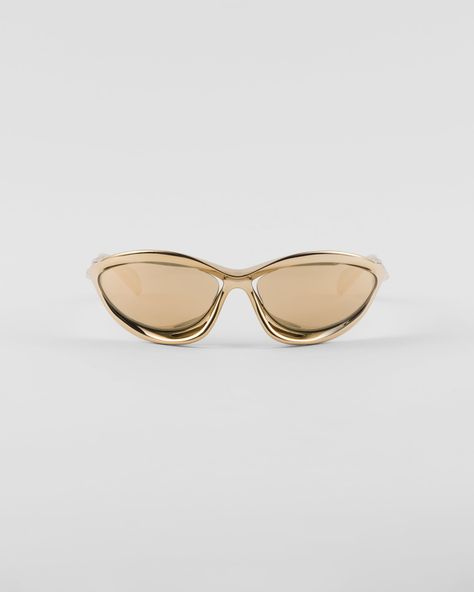 Gold/white Lenses Prada Morph Sunglasses | PRADA Prada Runway, Unconventional Design, White Lenses, Rose Gold Sunglasses, Ballerina Slippers, Luggage Bags Travel, Mens Travel Bag, Lettering Logo, Prada Sunglasses