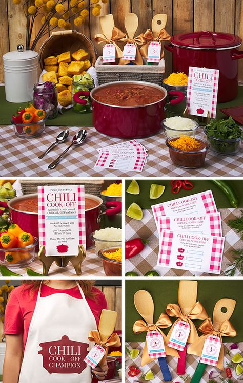 Make sure your homemade chili showdown goes off without a hitch with these simple chili cook-off ideas. Use Avery products and templates to personalize your party and make it unforgettable! Chili Cookoff Ideas Decorations Signs, Chili Cook Off Ideas Parties, Chile Cookoff Ideas, Ward Chili Cook Off, Chili Cookoff Party Ideas, Chili Cook Off Gift Basket Ideas, Fall Chili Cook Off Decorations, Chilli Cook Off Ideas, Chili Cookoff Awards Ideas