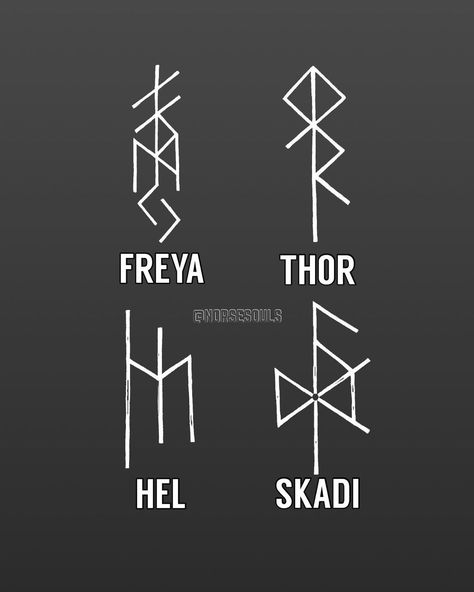 BINDRUNES: FREYA, THOR, HEL, SKADI✨ Do you want more bindrunes? By @thewordsofwyrd 💜 WWW.NORSESOULS.COM #norse #norsemythology… | Instagram Thor Symbol Norse Mythology, Hel Symbol Norse Mythology, Hel Bindrune, Altar For Freya, Skadi Tattoo Norse Mythology, Skadi Norse Goddess, Freya Goddess Symbol, Thor Tattoo Norse Mythology, Thor Altar