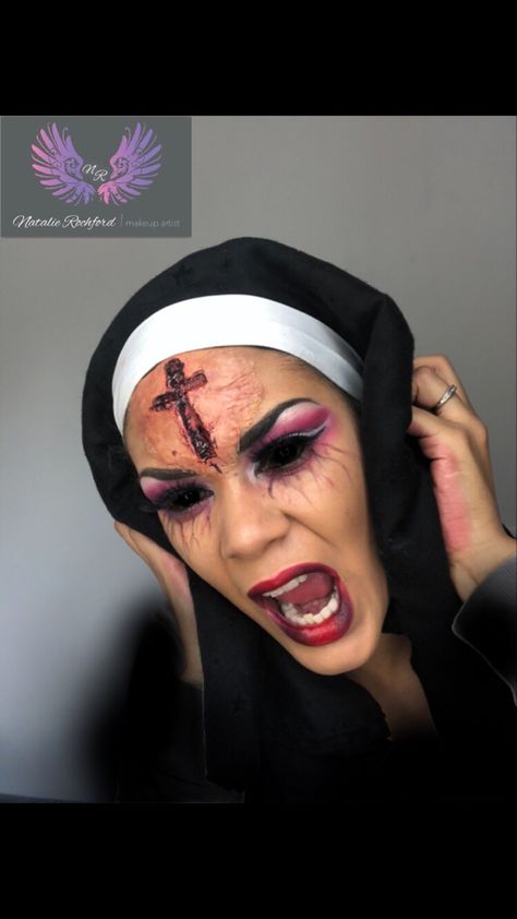 Wound Halloween Makeup, Halloween Nun Costume Makeup, Nun Costume Makeup, Scary Nun Makeup, Nun Makeup Halloween, Wound Makeup Face, Halloween Makeup Wounds, Satanic Makeup, Wounds Makeup