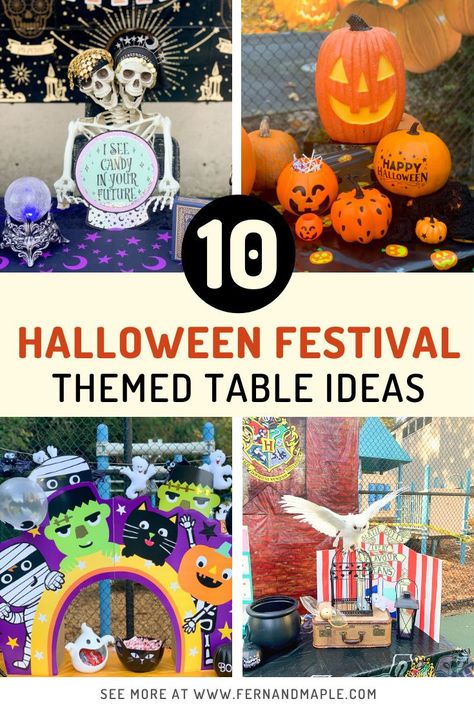 You're going to want to save this one for next year - These 10 Themed Table Ideas for a Halloween Community Festival include both scary and kid-friendly options, and a healthy mix of spooky and fun! Also perfect for Trunk-or-Treat themes. Visit fernandmaple.com now for all the details and inspiration! Halloween Table Themes, Halloween Table Trunk Or Treat, Table Trunk Or Treat Ideas, Halloween Table Themes For Kids, Trick Or Treat Theme Ideas, October Community Events, Driveway Trick Or Treat Table, Birthday Tables Ideas, Halloween Festival Table Ideas