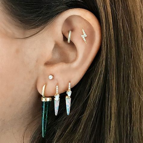 That rook! - Maria Tash (@maria_tash) on Instagram: “This look is all about the Opal, wowing us with the two glittering, magnificent downward-facing…” 3 Earrings Piercing In A Row, Spike Ring, 3 Earrings, Cartilage Jewelry, Maria Tash, Ear Style, Conch Piercing, Diamond Star, Pave Ring