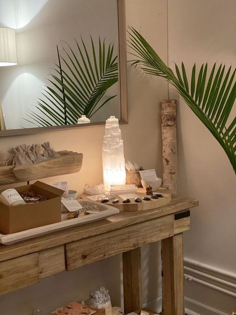 Massage Room Design, Massage Room Decor, Spiritual Room, Reiki Room, Selenite Lamp, Wellness Room, Esthetician Room Decor, Esthetics Room, Spa Room Decor