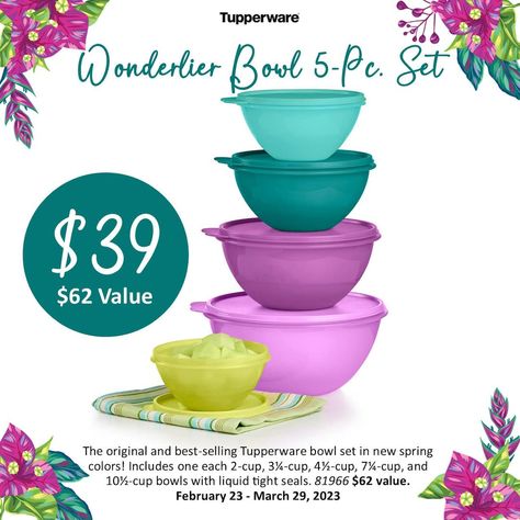 The original and best-selling Tupperware® bowl set in new spring colors! Our classic, all-purpose bowls with leakproof seals are ideal for preparing, serving, and storing foods in the refrigerator and even on-the-go. The leakproof seals lock in the freshness and flavor in your favorite foods. Large tab makes opening the seals a breeze—even for small hands. Textured interior resists scratches when mixing or whisking. Smooth exterior makes them easy to clean. These bowls are wonderful because th Tupperware Bowls, Tupperware Products, Very Important Person, Innovative Kitchen, The Choice Is Yours, Business Opportunity, Would You Rather, Host A Party, Kitchen Products