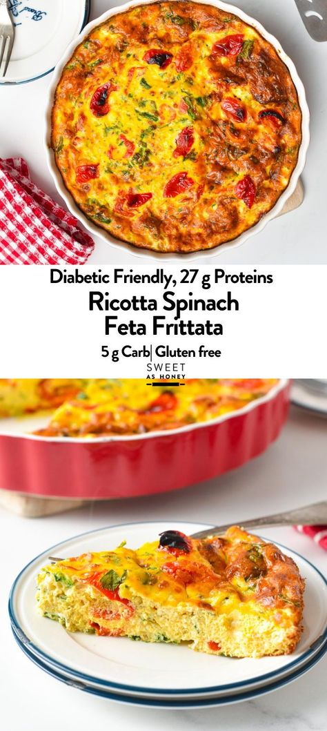 This Ricotta frittata is an easy, high-protein breakfast packed with 27 grams of protein per serving and a delicious creamy texture filled with veggies.It’s also a low-calorie, diabetic-friendly breakfast with only 366 kcal and 5 grams of carbohydrates to stabilize your blood sugar levels in the morning. Low Calorie Frittata, Ricotta Breakfast Recipes, Lunch Ideas Low Carb, Low Gi Recipes, Breakfast For Diabetics, Dinner Ideas Low Carb, Chicken Recipe Low Carb, Carbs Meals, Ricotta Frittata