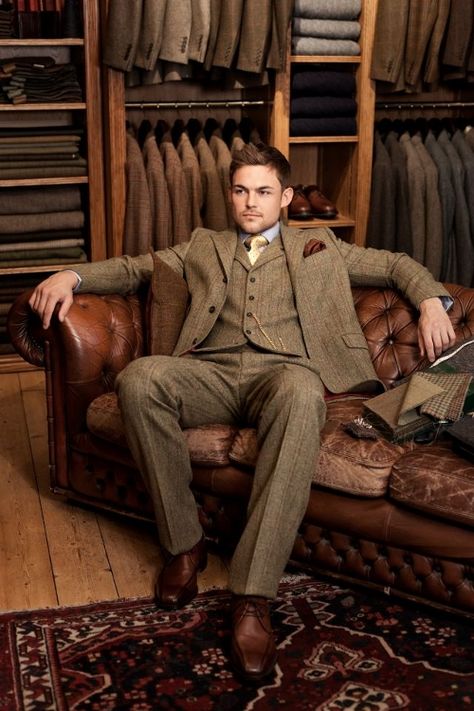 Scottish Tweed Specialists. Suit: Wool & cashmere brown and yellow check three-piece suit. Pagoda Shoulder, Walker Slater, Scottish Tweed, A Man In A Suit, Suit Man, Der Gentleman, Man In A Suit, Tweed Suits, Sharp Dressed Man