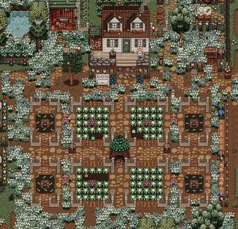 Stardew valley farm with Haley and junimos picking cauliflower Stardew Recolor, Stardew Layout, Farm Layouts, Stardew Mods, Stardew Farm, Stardew Valley Farm, Stardew Farms, Stardew Valley Layout, Stardew Valley Tips