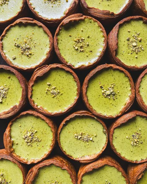 Flan a lá Pistache. The idea is to create a croissant-based ‘ramekin’ with a layer of pistachio praline fleur de sel, pistachio biscuit and… | Instagram Pistachio Praline, Flan, Pistachio, Biscuits, Pastry, To Create