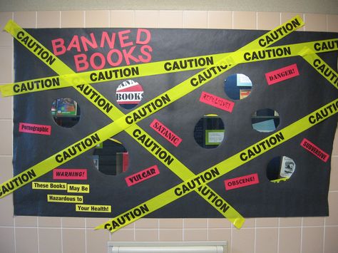 Our banned books display from 2006. Book Bulletin Boards, Banned Books Display, Library Display Ideas, Banned Books Week Display, School Library Book Displays, Book Banning, Library Memes, Book Bulletin Board, Books Display