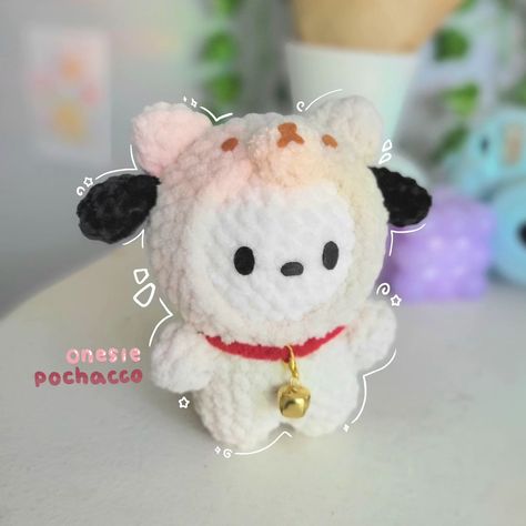 pochacco in a bear onesie •♡ ੈ✩‧₊˚ ☆ I luv this lil cutie🥹 ☆ I've been making the whole sanrio onesie collection for qcac, and I sadly didn't get a chance to get good pictures of all of them😭 but I did get some of pochacco before he sold!💕 ☆ Pattern: @windrises.crochet (can you tell I'm obsessed w this pattern?? heheh) ☆ ☆ ☆ 💌 #crochet #sanriocrochet #pochacco #crochetpochacco #amigurumi #crochetplushie #ａｅｓｔｈｅｔｉｃ #cutecrochet #bearonesie #kawaiicrochet # Pochacco Crochet Pattern, Crochet Pochacco, Pochacco Aesthetic, Sanrio Crochet, Bear Onesie, Diy Crochet Patterns, Good Pictures, Crochet Keychain Pattern, Kawaii Crochet