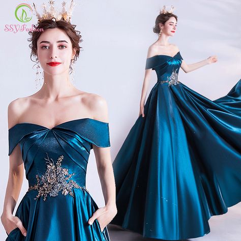 SSYFashion New Vintage Peacock Blue Evening Dress Banquet Elegant Boat Neck Satin A line Appliques Beading Long Formal Gown on AliExpress Strapless Evening Gowns, Ceremony Dresses, Satin Evening Dresses, Dresses Formal Elegant, Lace Formal Dress, Blue Evening Dresses, Fantasy Gowns, Satin Prom Dress, Fantasy Dress