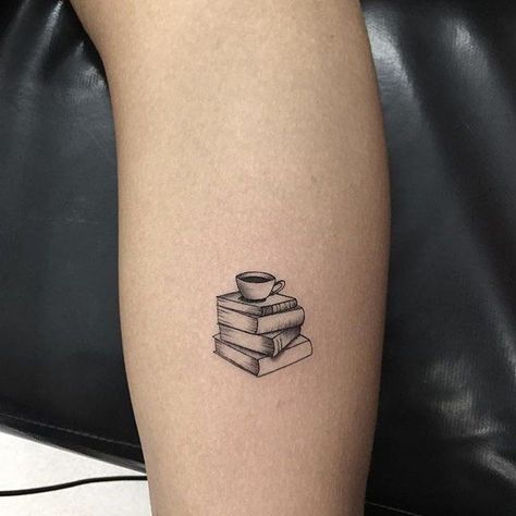 Book With Coffee Tattoo, Books And Coffee Tattoo Ideas, Small Tattoo Ideas Books, Coffee And Book Tattoo Ideas, Woman Book Tattoo, Coffee Books Tattoo, Coffee Tattoos Small, Book And Coffee Tattoo Small, Writer Tattoo Ideas Small