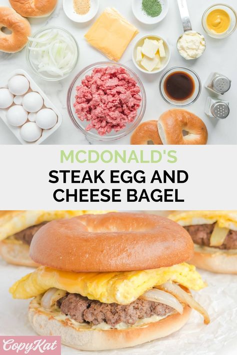 Mcdonalds Bacon Egg Cheese Bagel Sauce, Mcdonalds Breakfast Bagel Sauce, Steak Bagel, Mcdonald's Steak Egg And Cheese Bagel, Steak Egg And Cheese Bagel, Breakfast Steak And Eggs, College Breakfast, Egg And Cheese Bagel, Toasted Bagel