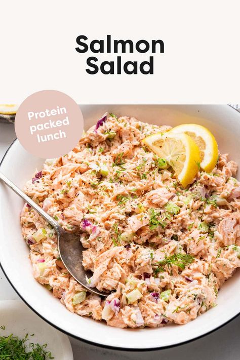 This easy salmon salad is made with canned salmon, red onion, celery, fresh dill and Greek yogurt instead of mayo. It's loaded with flavor and perfect for meal prep. High Protein Salmon Salad, Green Salad With Salmon, Canned Salmon Meal Prep, Salmon Salad Recipes Canned, Recipes With Canned Salmon, Salmon Salad Sandwich, Canned Salmon Salad, Tuna Salads, Travel Meals