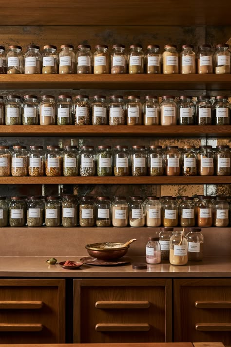 Spice Shop Interior Design, Spice Rack Aesthetic, Spice Store Interior Design, Ayurvedic Spa Interiors, Spa Aesthetic Bathroom, Ayurvedic Clinic Interior Design, Apothecary Shop Aesthetic, Spice Shop Design Ideas, Apothecary Decor Ideas