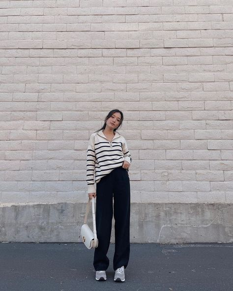 SALLY HYUNJI KIM on Instagram: “Can never go wrong with stripes 😌 quarter zip @loft trousers (thrift) shoes @newbalance bga @songmont_official” Zip Up Sweater Outfit, Thrift Shoes, Quarter Zip Outfit, Casual Outfit Women, Shoes Newbalance, Hot Outfit Ideas, Trouser Outfit, Outfit Women, Hot Outfits