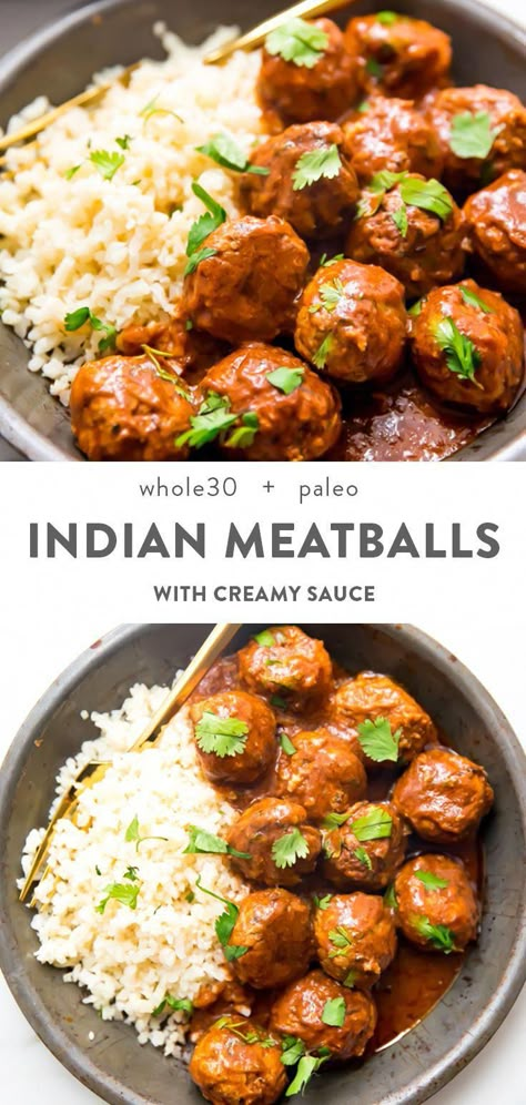 This Indian meatballs recipe with a creamy sauce makes tender, perfectly spiced meatballs in a rich sauce inspired by butter chicken. Whole30, paleo, gluten, and dairy free, the Indian meatballs include shredded zucchini to keep them moist and tender! They're a quick Indian dinner and are perfect for meal prep. You can make these with ground chicken, pork, or turkey, and they're one of our favorite healthy and gluten free meals! #indian #dinner #whole30recipes Indian Meatballs, Food Crockpot, Quick Gluten Free Meals, Real Food Dinner, Indian Dinner Recipes, Vegetable Appetizers, Asian Meals, Recipes Fish, Indian Dinner