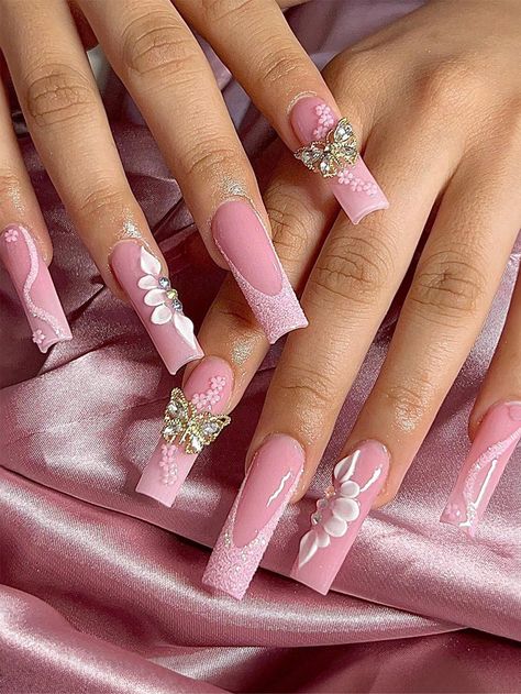 Elevate Your Style with 24PCS Long Square Wearing Nails Adorned with Exquisite Butterflies and Flowers Romantic Pink Sequins French Edge Design Style Fully Covered Fake Nails with Jelly Glue One File Strip Suitable for Women and GirlsI discovered amazing products on SHEIN.com, come check them out! Fake Nails Long, Long Press On Nails, Nagel Tips, Nail Type, Nails Glitter, Butterfly Nail, Nail Length, Nail Art Hacks, Artificial Nails