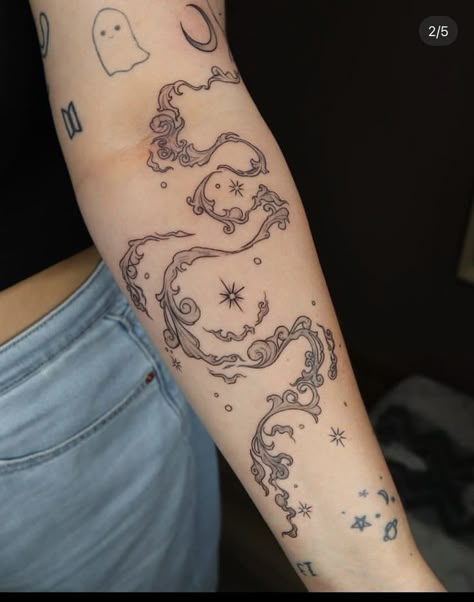 Fairytale Style Tattoo, Whimsical Forearm Tattoo, Whimsysigilism Tattoo, Everything Stays Tattoo, Magic Tattoo Sleeve, Tattoo Wrapped Around Thigh, Side Rib Cage Tattoos For Women, Moon Jelly Tattoo, Half Tattoo Sleeve