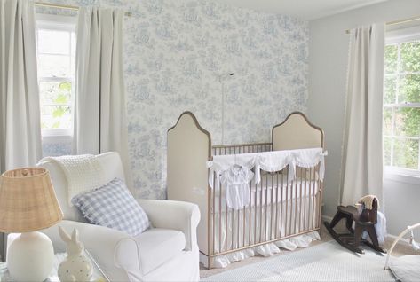 Delft Blue Nursery, Toile Wallpaper Nursery, Blue Toile Nursery, Toile Nursery Girl, Toile Nursery, Blue Nursery Girl, Baby Boys Nursery, Baby Cook, Girl Nursery Wallpaper