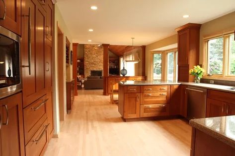 What are these cabinets? wood, stain and maker? Love the look with the light wood (Maple?) and stacked stone Dark Kitchen Floors, Maple Wood Flooring, Trendy Kitchen Backsplash, Maple Kitchen Cabinets, Maple Floors, Maple Kitchen, Maple Cabinets, Wood Dining Room, Cherry Cabinets