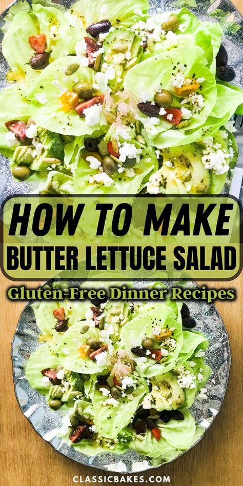 This easy side salad is the perfect way to use butter lettuce in your meal. The butter lettuce is mixed with some avocados, black olives, green and black olives, feta cheese, and cherry tomatoes. Then it's topped off with a delicious herb Dijon vinaigrette dressing that brings all of these flavors together in one amazing side dish! It is great on its own or served with hard-boiled eggs for a filling meal. Red Leaf Lettuce Salad Recipes, Butterleaf Lettuce Recipes, Butter Lettuce Salad Recipes, Butter Lettuce Recipes, Red Leaf Lettuce Salad, Dijon Vinaigrette Dressing, Easy Side Salad, Butter Lettuce Salad, Lettuce Salad Recipes