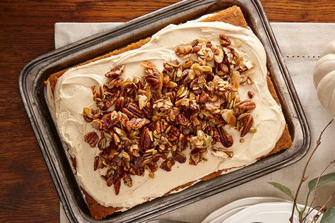 Pumpkin Carrot Cake with Brown Sugar Frosting & Candied Nuts | Canadian Living Pumpkin Carrot Cake, Autumn Dishes, Brown Sugar Frosting, Thanksgiving Cake, Canadian Cuisine, Choc Cake, Friday Dinner, Canadian Thanksgiving, Canadian Women