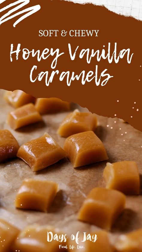 Chewy, creamy, perfect caramels with a delicate hint of honey, my recipe for Soft Honey Vanilla Caramels is super easy and dangerously addictive. Chewy Caramels Recipe, Soft Caramels Recipe, Nougat Recipe, Caramel Bites, Making Sweets, Honey Candy, Honey Caramel, Caramel Toffee, How To Make Caramel