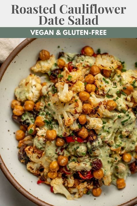 This Roasted Cauliflower Date Salad is layered with fun flavors and textures then smothered in a delicious creamy garlic chive tahini sauce. Whole Food Snack Ideas, Chickpea And Cauliflower, Date Salad, Chives Recipe, Nourish Bowl, Plantbased Recipes, 2024 Recipes, Vegan Salads, Chickpea Recipes