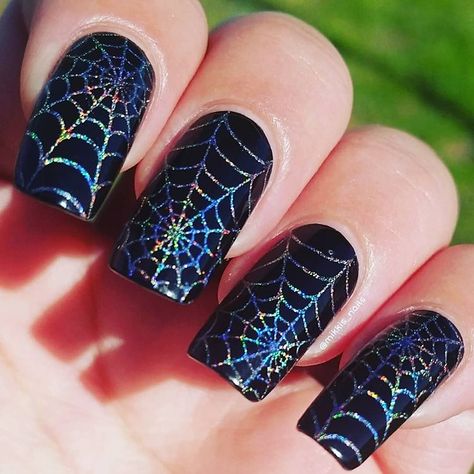 Getting an early start on Holo-ween 🕸🕷 Base is #opi Black Onyx, stamped with #colorclub Harp On It. Spiderweb image is from… | Instagram Black Halloween Nails Spider Webs, Spiderweb Nails Coffin, Purple And Black Spiderweb Nails, Halloween Crome Nails, Spiderweb Halloween Nails, Spiderweb Nail Designs, Short Spiderweb Nails, Halloween Color Nail Ideas, Halloween Nail Designs Diy