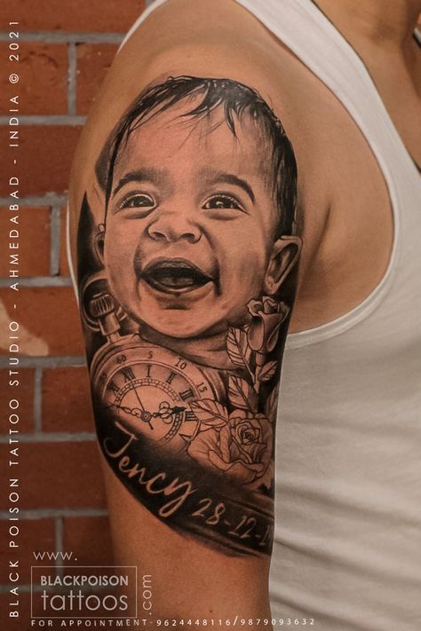 When it comes time to memorialize an important figure in a man’s life, there are few options that are as permanent and respectful as a portrait tattoo. These tattoos are a great way to show your love for an individual that was or still is an important aspect of your life, and they can be done from just about any existing imagery of the person in question. #daughter #daughtersnametattoo #daughterportrait #daughterportraittattoo #biceptattoo #halfsleevetattoos #blackandgreytattoo #portraittattoo Daughter Portrait Tattoo, Portrait Tattoo Ideas, Potrait Tattoo, Daughters Name Tattoo, Portrait Tattoo Sleeve, Knight Tattoo, Men Tattoos Arm Sleeve, Neck Tattoo For Guys, Chest Tattoo Men