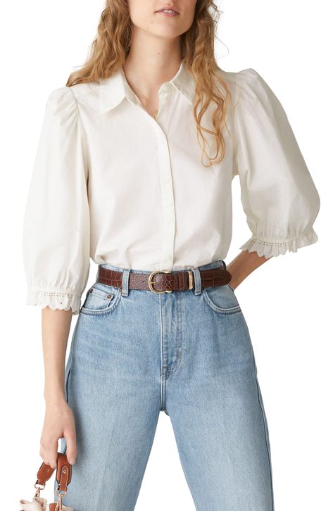 & Other Stories Puff Sleeve Button-Up Cotton Top available at #Nordstrom Puff Blouse, Blouse Nordstrom, Puff Sleeve Blouse, Cotton Blouse, Cotton Top, Cotton Blouses, Three Quarter Sleeves, Quarter Sleeve, Ruffle Trim