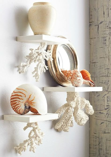 Floating Coral Shelves made from Plaster: http://beachblissliving.com/memorial-sale-beach-decor/ Vibeke Design, Regal Design, Coastal Beach Decor, Beach Cottage Style, Nautical Home, Seashell Crafts, Bathroom Styling, Coastal Home, Beach Cottage