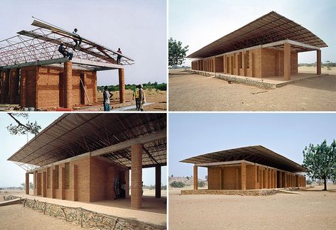 primary school in gando, burkina faso by diebedo francis kere Rammed Earth Homes, Rammed Earth, Stone Architecture, Vernacular Architecture, Roof Structure, Structure Architecture, School Building, Public Spaces, Sustainable Architecture