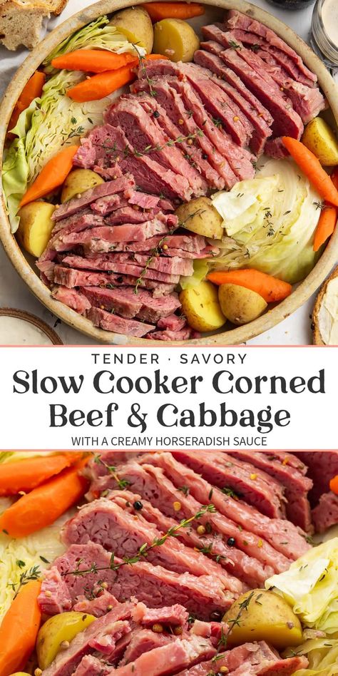 This slow cooker corned beef and cabbage is the easiest way to get the most ultra tender corned beef out there. Cooked low and slow with cabbage, potatoes, and carrots for an authentic Irish meal, I serve mine with a creamy horseradish sauce and plenty of dark beer! Tender Corned Beef, Cabbage Slow Cooker, Irish Meal, Corned Beef Recipes Slow Cooker, Crock Pot Corned Beef, Slow Cooker Corned Beef, Cooking Corned Beef, Corn Beef, Corned Beef And Cabbage