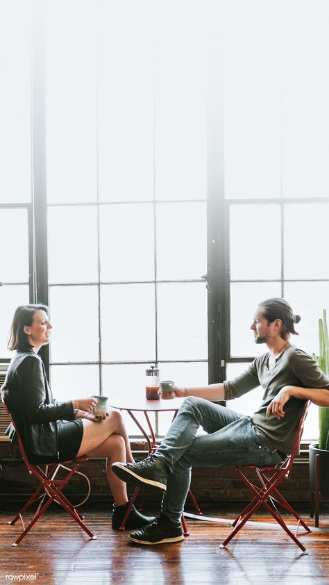 Couple sharing a coffee before off to work | premium image by rawpixel.com / Felix Coffee Date Couple, Couple Leather Jacket, Couples Working Together, Leather Jacket Couple, Friend Dynamic, Coffee Date With Friends, Working Couple, Rooftop Photos, Date Cafe