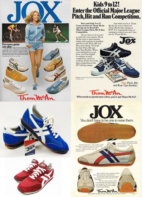 JOX running shoes were all the rage in the mid 70s & early 80s. Their greatest popularity was with us school kids -- we wore them to be "in style" but runners and athletes hated them because they were made like crap. JOX were introduced by Thom McAn, America's largest shoe store chain at the time with over 1,400 locations, and a manufacturer of its own branded footwear with 10 US factories. Eventually JOX faded as Nike Cortez became the "in" sneaker. The last Thom McAn stores closed in 1996. Thom Mcan Shoes Vintage, 80s Nike Shoes, Sneaker Ads, Vintage Sports Clothing, Amazing Toys, Us School, Bowling Shoes, Popular Sneakers, Hit And Run