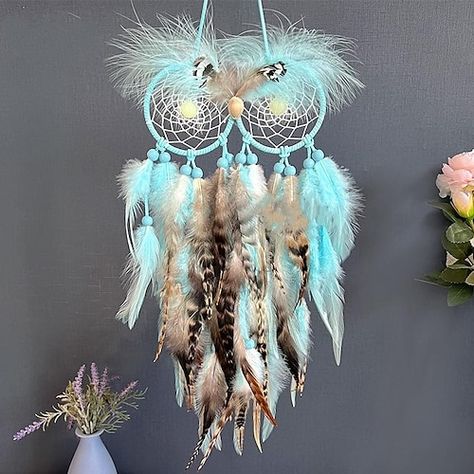 Owl Dream Catcher, Cheap Wall Art, Owl Feather, Dream Catcher Art, Ornament Wall, Dream Catcher Craft, Feather Decor, Native American Artists, Colorful Trees